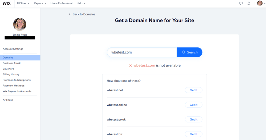 Wix domain name account Domain name options in the Wix account