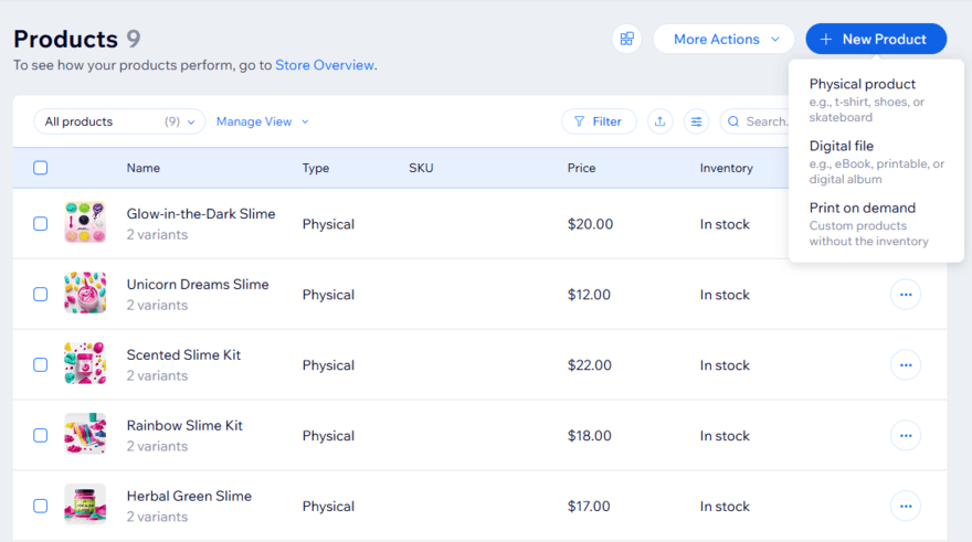 Wix product types Product catalog in the Wix backend with a button to add a "new product" showing different product types available