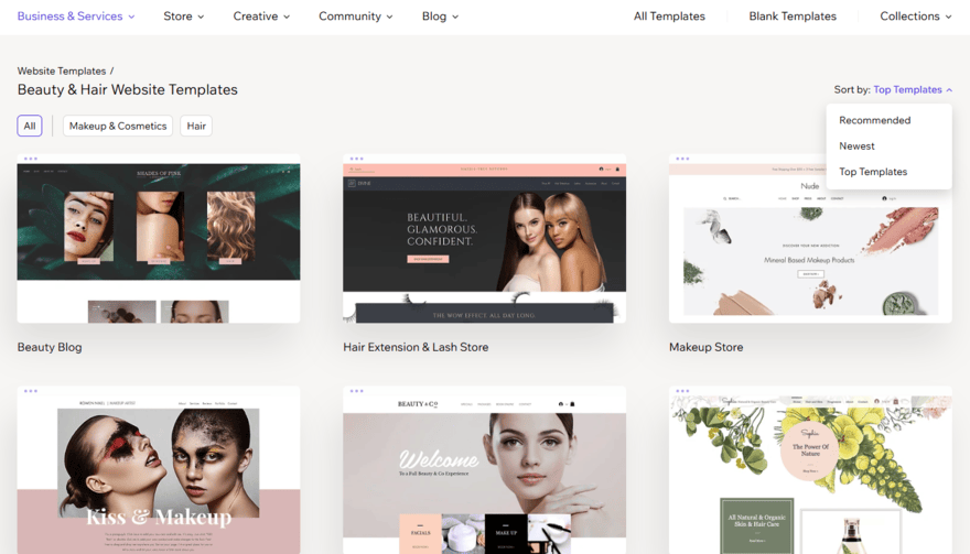 Wix template library filters Top templates in Wix's template library under the beauty and hair filter