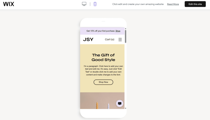 Wix template mobile preview Mobile preview of a Wix template