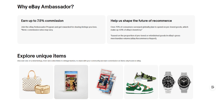 eBay Partner Network website showing product examples.