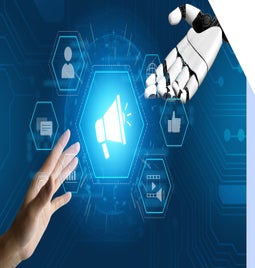 human hand and robot hand reaching out to touch with a hollogram of a megaphone in the middle