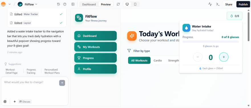 A fitness dashboard showing a water intake tracker, progress indicators, and navigation options for workouts and profiles.
