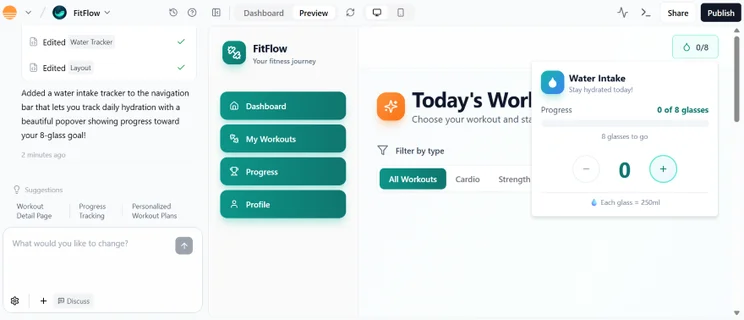 A fitness dashboard showing a water intake tracker, progress indicators, and navigation options for workouts and profiles.