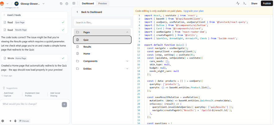 Screenshot of a web development dashboard displaying code for a Quiz feature, with navigation and user interface elements visible.