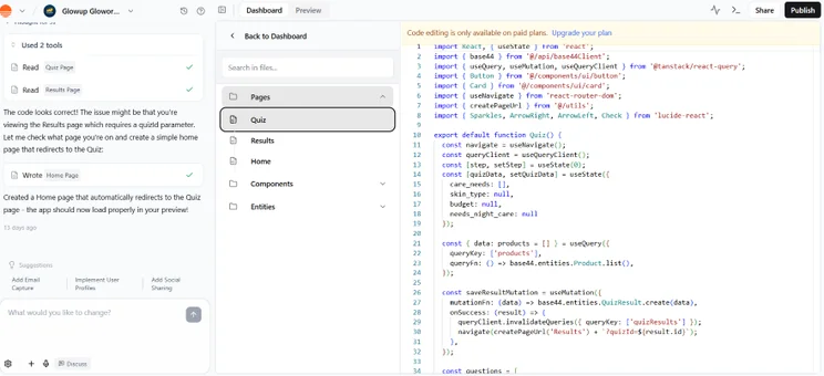 Screenshot of a web development dashboard displaying code for a Quiz feature, with navigation and user interface elements visible.
