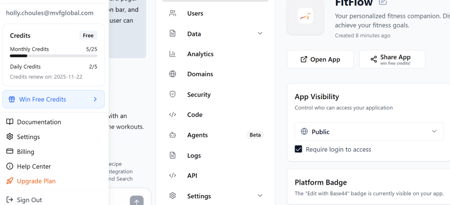 Base44 dashboard with a close up of account credits for monthly AI prompts.
