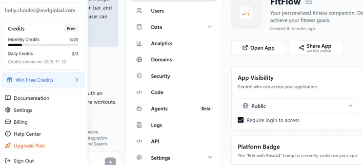 Base44 dashboard with a close up of account credits for monthly AI prompts.