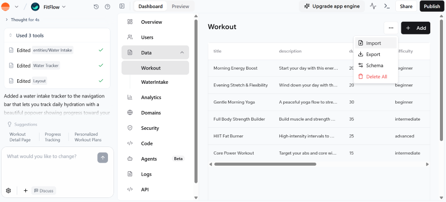 Screenshot of the FitFlow app dashboard displaying workout options, descriptions, durations, and difficulty levels on the left.