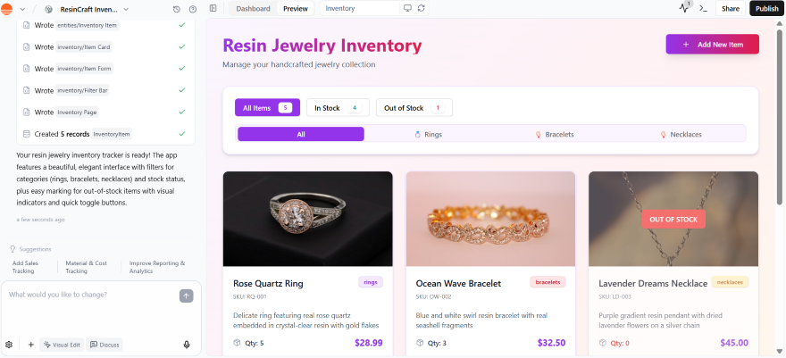 Screenshot of a jewelry inventory app showcasing items with filters, pricing, and stock status for rings, bracelets, and necklaces.