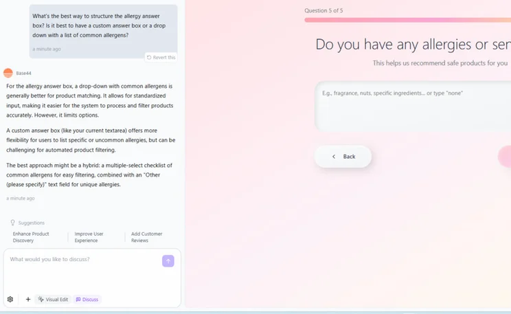 Base44 discussion mode response to question about an answer box structure
