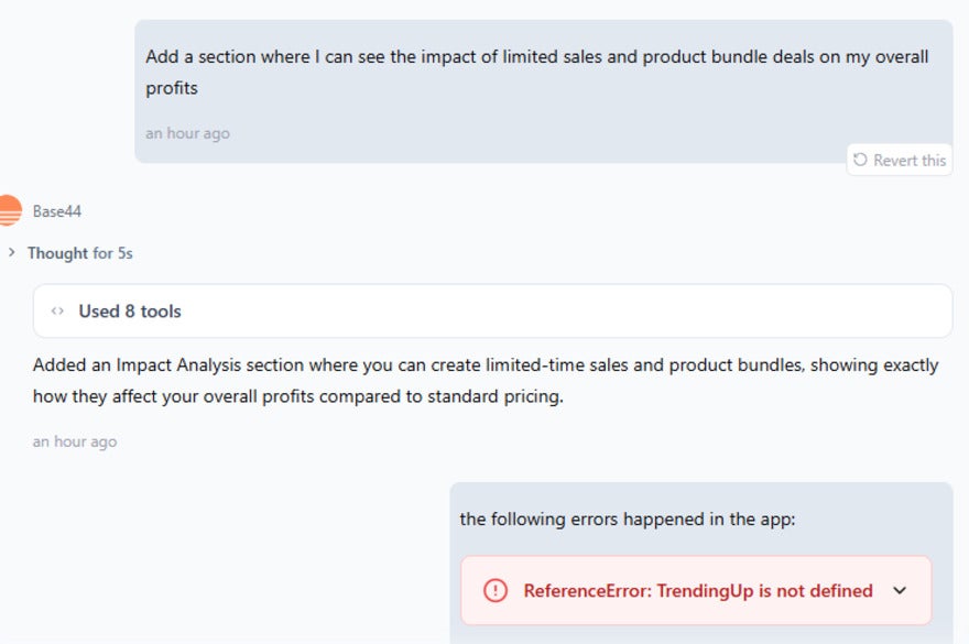 Base44 Error Message Base44 displaying a prompt request for an Impact Analysis section and an error message about a code issue.