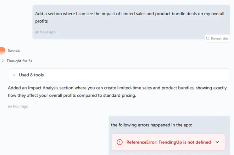 Base44 displaying a prompt request for an Impact Analysis section and an error message about a code issue.