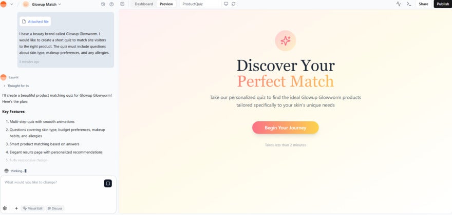 Base44 interface showcasing a personalized quiz for Glowup Glowworm products, inviting users to discover their perfect match.