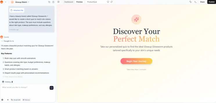 Base44 interface showcasing a personalized quiz for Glowup Glowworm products, inviting users to discover their perfect match.