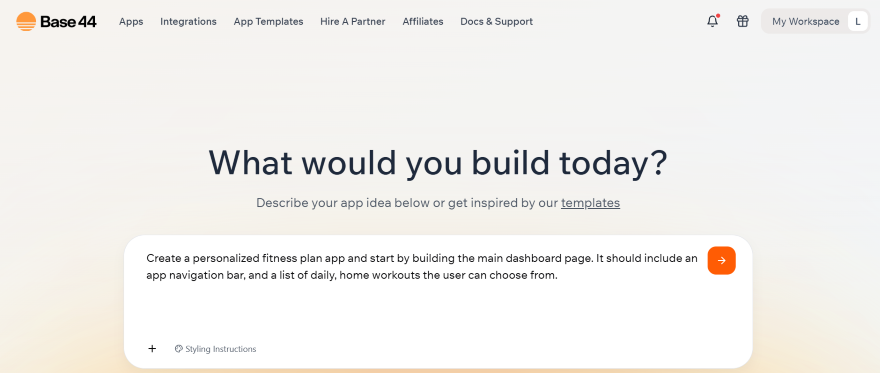 Base44 webpage featuring a prompt to build an app, with a focus on creating a personalized fitness plan.