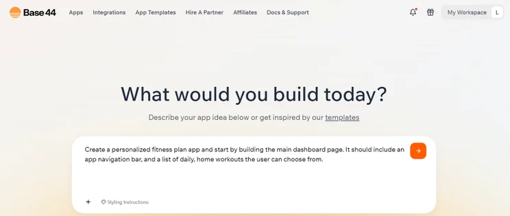 Base44 webpage featuring a prompt to build an app, with a focus on creating a personalized fitness plan.