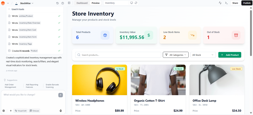 Screenshot of a digital inventory management dashboard showing product details, stock levels, and total inventory value.