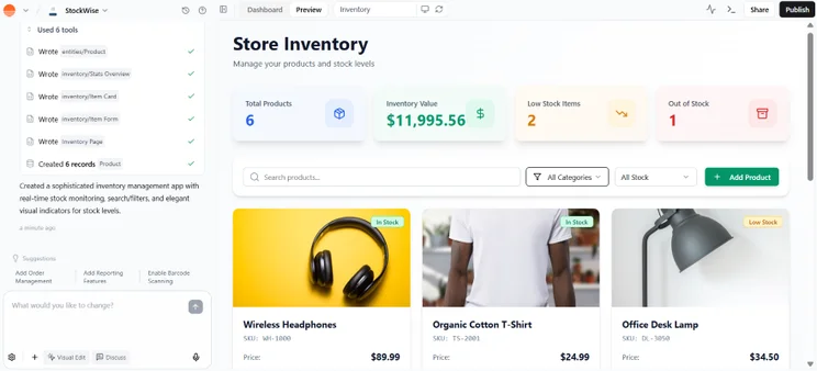 Screenshot of a digital inventory management dashboard showing product details, stock levels, and total inventory value.