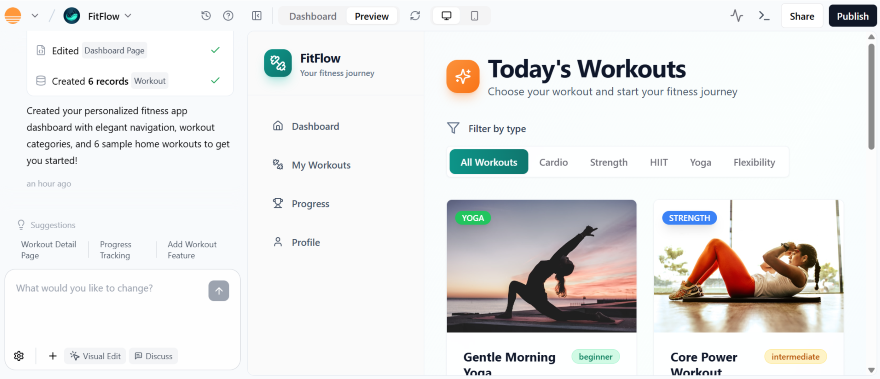 A fitness dashboard displaying workout options, including yoga and strength exercises, with user-friendly navigation on the left.