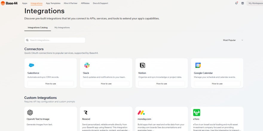 Base44 page showing 4 connectors and 4 custom integrations