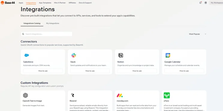 Base44 page showing 4 connectors and 4 custom integrations