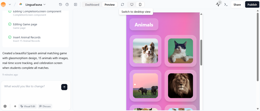 A colorful Spanish animal matching game interface displays 15 animal images in a grid format, featuring a glassmorphism design.