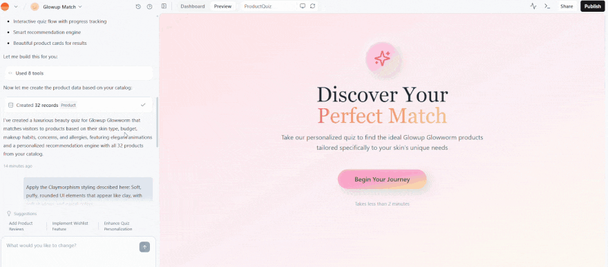 video navigating to the product data from the base44 chat