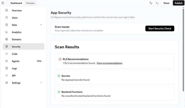 Dashboard showing App Security settings with scan results: RLS recommendations found, no exposed secrets, and no unauthenticated backend functions.
