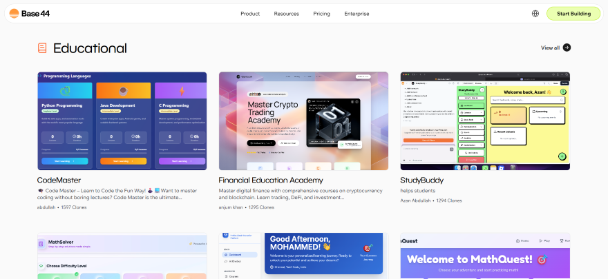 Screenshot of Base44's educational section featuring various learning platforms: CodeMaster, Financial Education Academy, StudyBuddy, and MathQuest.