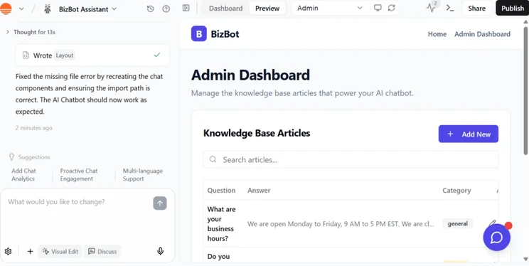 Base44 vibe coding tool generating an AI chatbot for a business