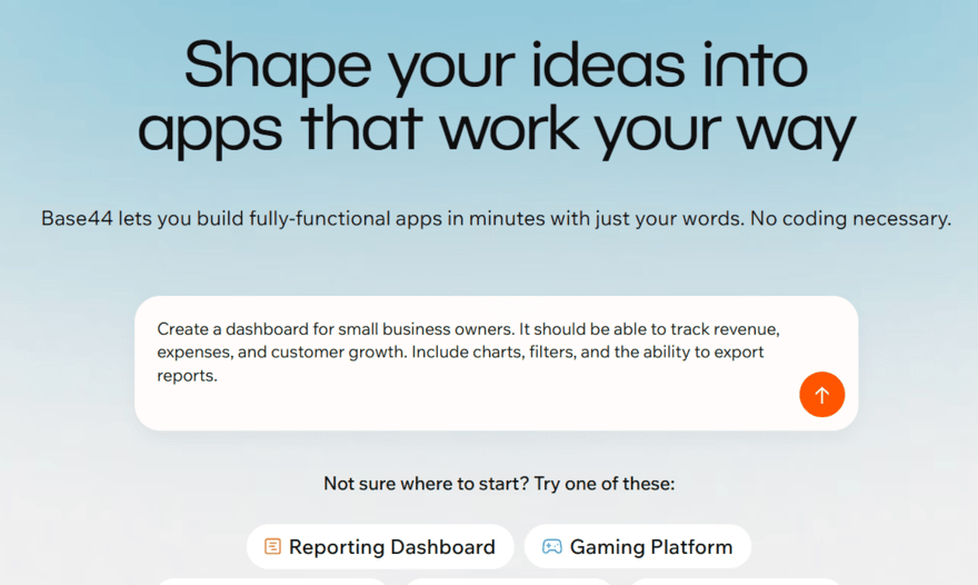 Base44 homepage Base44 homepage showing the AI prompt box with an example prompt for a small business dashboard