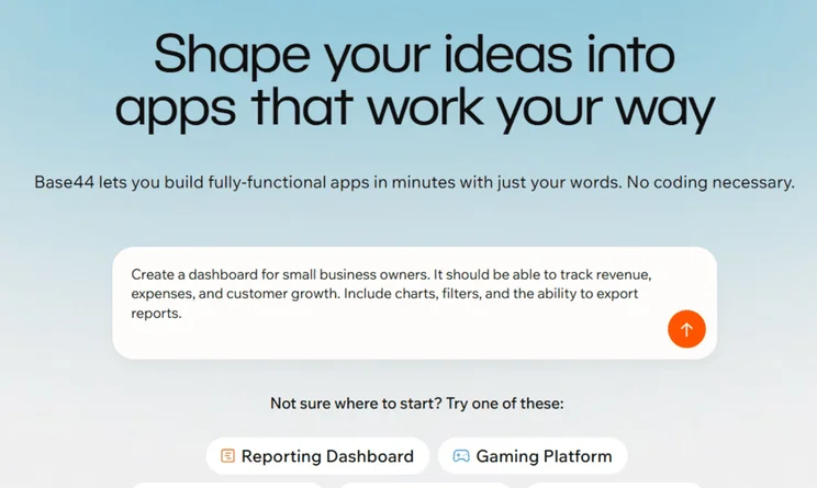 Base44 homepage showing the AI prompt box with an example prompt for a small business dashboard
