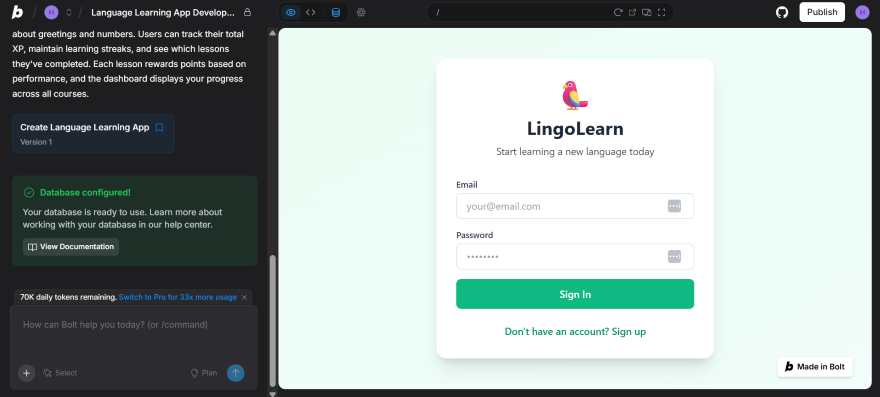 Login screen for LingoLearn, a language learning app, featuring fields for email and password, and options to sign in or create an account.