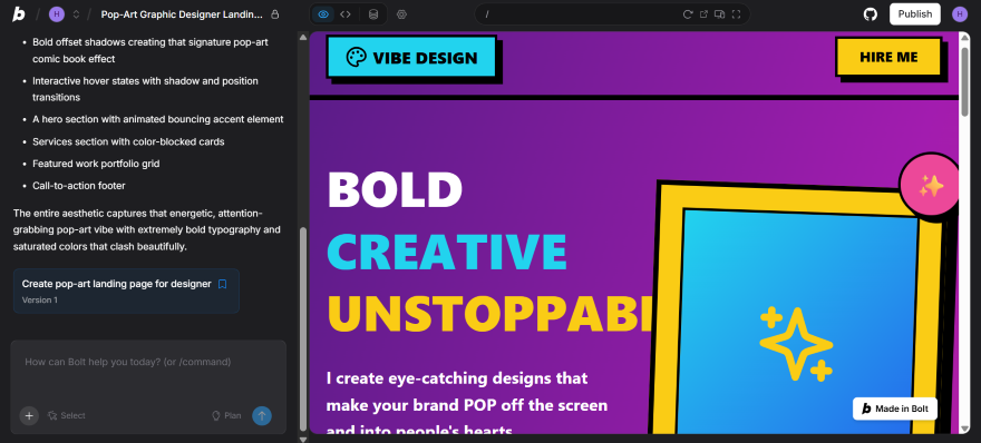Colorful pop-art graphic designer landing page featuring bold typography, interactive elements, and a call-to-action button.