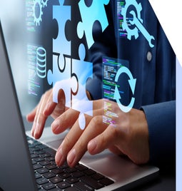 Hands typing on a laptop, surrounded by digital icons of gears, puzzle pieces, and code, representing software development and problem-solving.