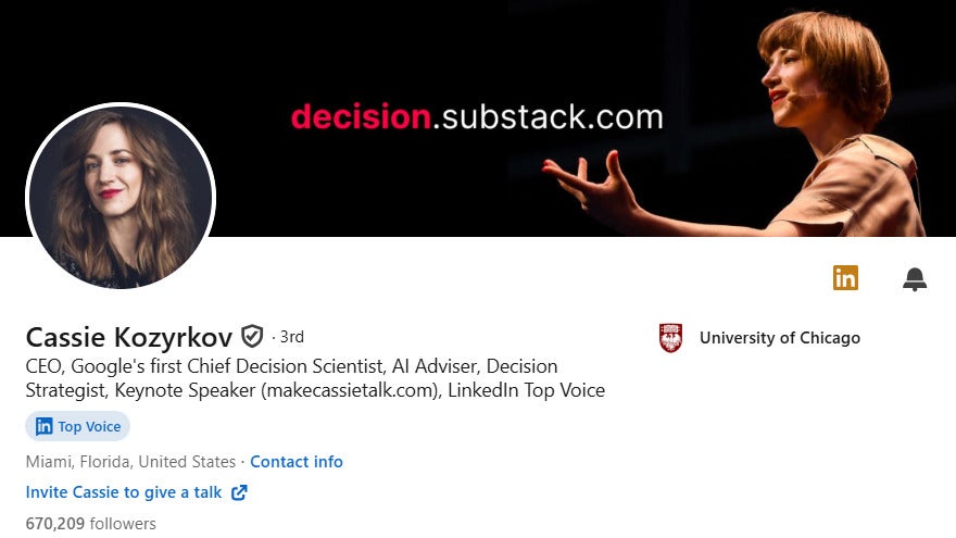 Cassie Kozyrkov LinkedIn header