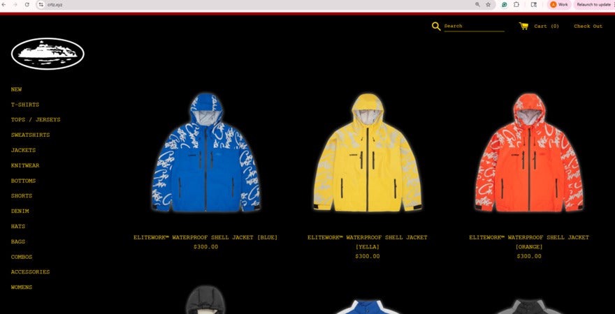 Corteiz webpage with three jackets for sale