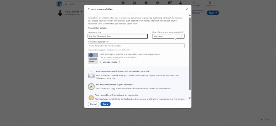 Gif of someone creating a new newsletter on LinkedIn and adding title, description, and posting times.