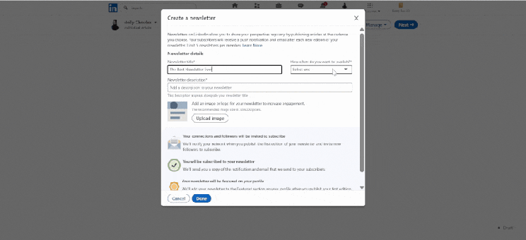 Gif of someone creating a new newsletter on LinkedIn and adding title, description, and posting times.