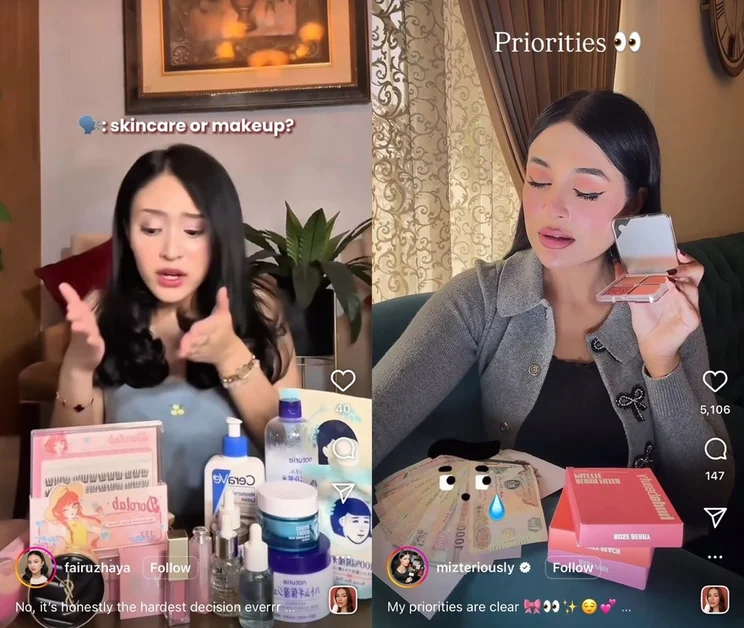 Two women discuss beauty products, one showcasing skincare bottles and the other holding makeup palettes, highlighting personal preferences.