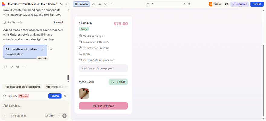 An order summary for a wedding bouquet by Clarissa, featuring a mood board section with an upload option and delivery status.