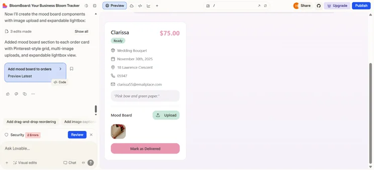 An order summary for a wedding bouquet by Clarissa, featuring a mood board section with an upload option and delivery status.