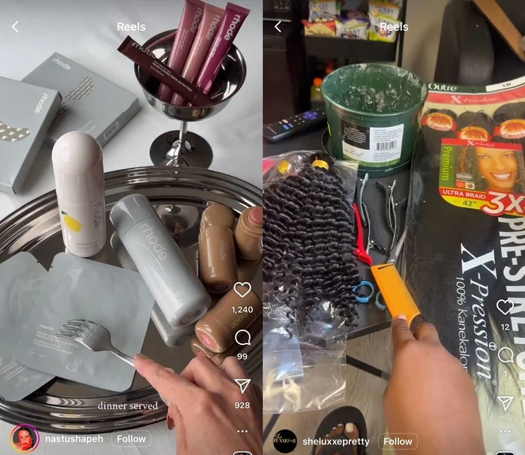 A stylish arrangement of beauty products on a silver tray and hair styling supplies on a cluttered workspace.
