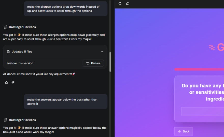 Hostinger Horizons Prompt Misinterpretation chat panel on the left with messages and file update notices from Hostinger Horizons, and a bright purple-pink gradient webpage preview on the right displaying a form question about ingredients or sensitivities with a text box and a back button.