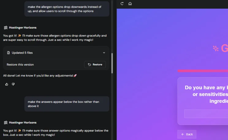 chat panel on the left with messages and file update notices from Hostinger Horizons, and a bright purple-pink gradient webpage preview on the right displaying a form question about ingredients or sensitivities with a text box and a back button.