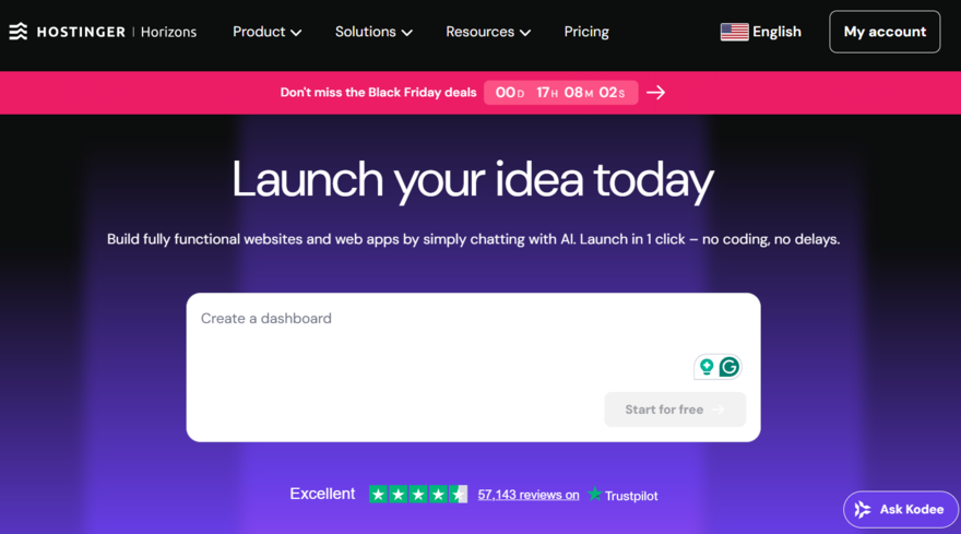Hostinger Horizons dashboard Hostinger Horizons dashboard showing the AI prompt box