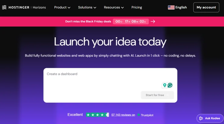 Hostinger Horizons dashboard showing the AI prompt box
