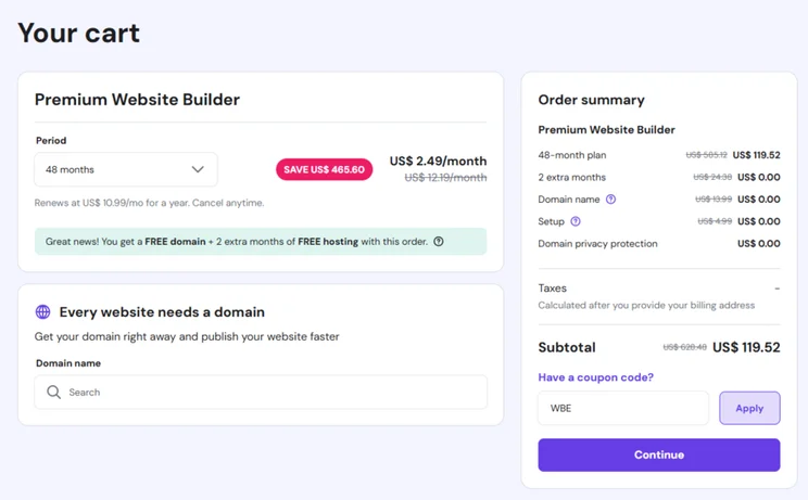 Hostinger checkout page for its website builder plan, showing a discount being applied