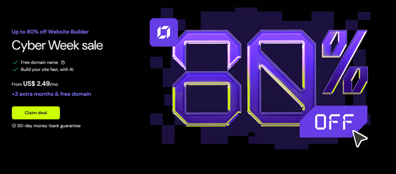 graphic showing Hostinger's web builder late Black Friday promo information